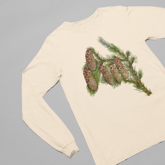Douglas Fir Vintage Botanical Print Long Sleeve Graphic Tee T-shirt S M L XL - Picture 2 of 6